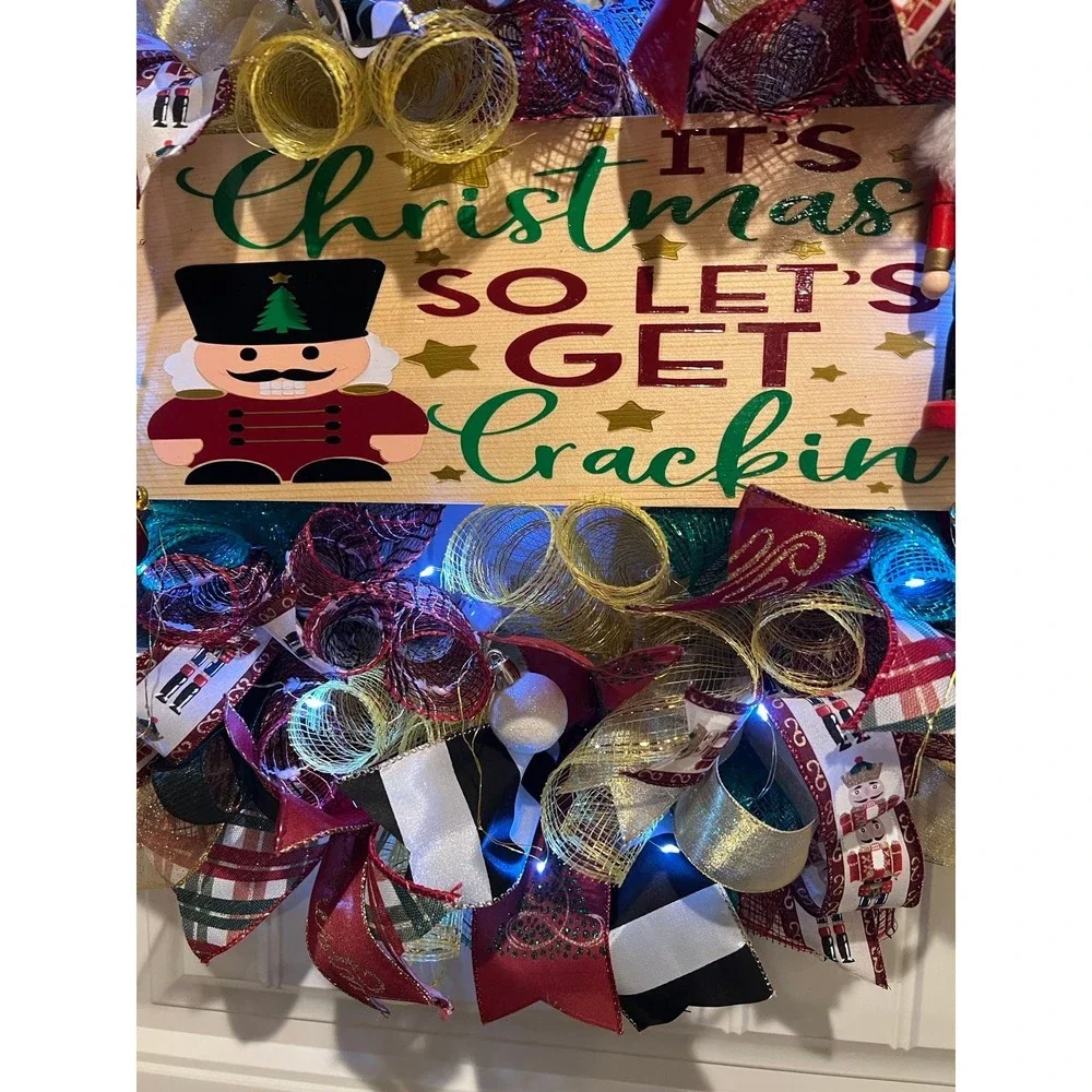 Christmas Nutcracker Holiday Ribbon Door Wreath Handmade 22 ins LED W3